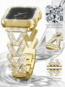 1 Pc/Set Watch Band & Case, 41mm, Women's Jewelry-Style Shiny Diamond Metal Gold Watch Band With Protective Case, For Apple Watch Series Ultra SE 11/10/9/8/7, Rose Gold, Compatible With Apple Watch Bands 38mm, 40mm, 41mm, 42mm, 44mm, 45mm, 49mm. Women's Jewelry Replacement Metal Wristband With Shiny Watch Case, Shiny Women's Watch Band Accessory,Summer - Gold - View 8