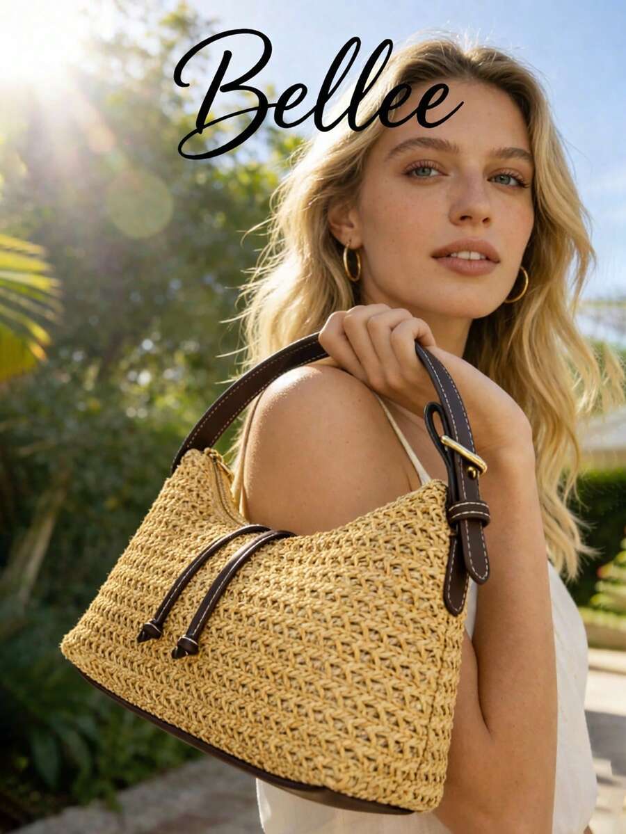1pc New Solid Color Handbag For Women, Casual Beach Resort Woven Straw Bag, Suitable For Beach Vacation And Travel - Beige - View 1