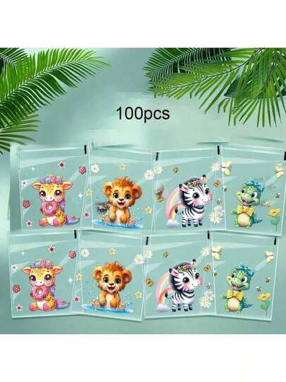 100个可爱森林动物拉链袋，透明塑料密封袋，图案包括长颈鹿、斑马、狮子和恐龙，适用于礼品包装、派对回礼、创意装饰，卡通动物设计，密封性好。