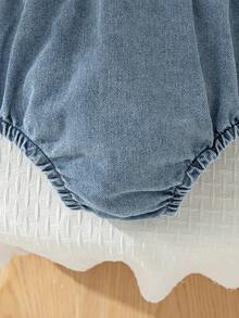 夏季女婴可爱牛仔紫色3D立体花朵短袖连体衣和发带套装 - 淺藍色 - 查看 8