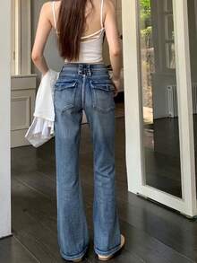 YEAE | 貓鬍鬚水洗漸褪色修身喇叭牛仔褲 女款美式復古休閒低腰長褲 秋季新款 - 深色水洗藍 - 查看 2
