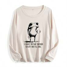 Women's Quirky "I Have To Say Weird Stuff Or I'll Die" Frog Graphic Hoodie - Cute Frog Holding Cup Pullover, Soft Casual Sweatshirt For All-Season Wear (Machine Washable) - 杏色 - 查看 1