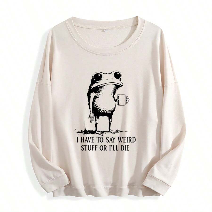 Women's Quirky "I Have To Say Weird Stuff Or I'll Die" Frog Graphic Hoodie - Cute Frog Holding Cup Pullover, Soft Casual Sweatshirt For All-Season Wear (Machine Washable) - 杏色 - 查看 1