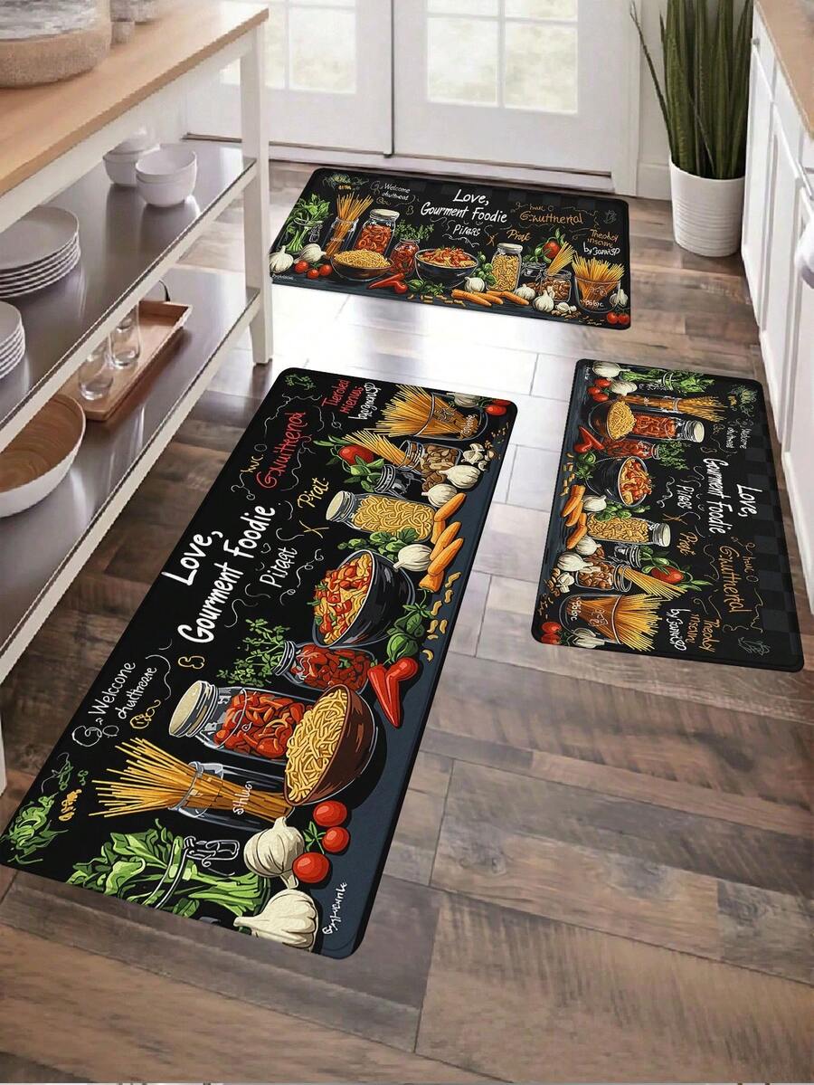 1pc Black Board Doodle Food Themed Kitchen Mat, Modern Minimalist Absorbent Quick-Dry Kitchen Carpet, Home Decor Carpet, Floor Covering, Runner Rug, Long Kitchen Mat, Entryway Non-Slip Mat, Kitchen Set Foot Pad, Waterproof Oil-Proof Mat, Food Ingredient Themed Kitchen Mat, Food Healing Home Decor, Kitchen Dirt-Resistant Essentials, Housewarming Dining & Kitchen Decor, Kitchen Stove, Sink Corridor Runner Rug, Suitable For Whole Kitchen & Dining Area - Food Illustrations - View 1