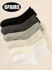 1 Pair/6 Pairs Women's Multicolor Ruffle Trim Mid-Calf Socks, Warm And Cute Lace Socks For Autumn/Winter - Multicolor - View 5