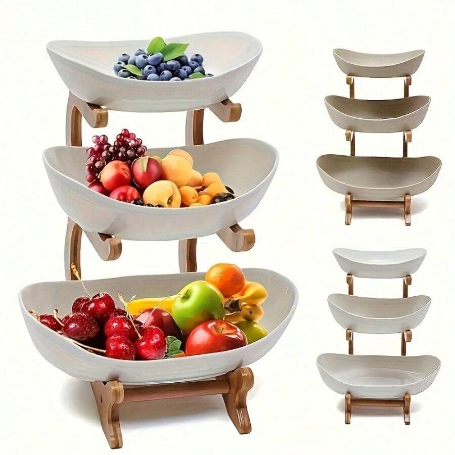 2/3 Layer Luxurious Wooden Elegant Fruit Rack - Double-Layer Fruit Bowl, Creative Candy Display - Natural Wood, Living Room Snack Tray, Space Saving Design, Easy Assembly, Father's Day Gift, Dessert Kitchen Service Tray - trắng - Xem 1