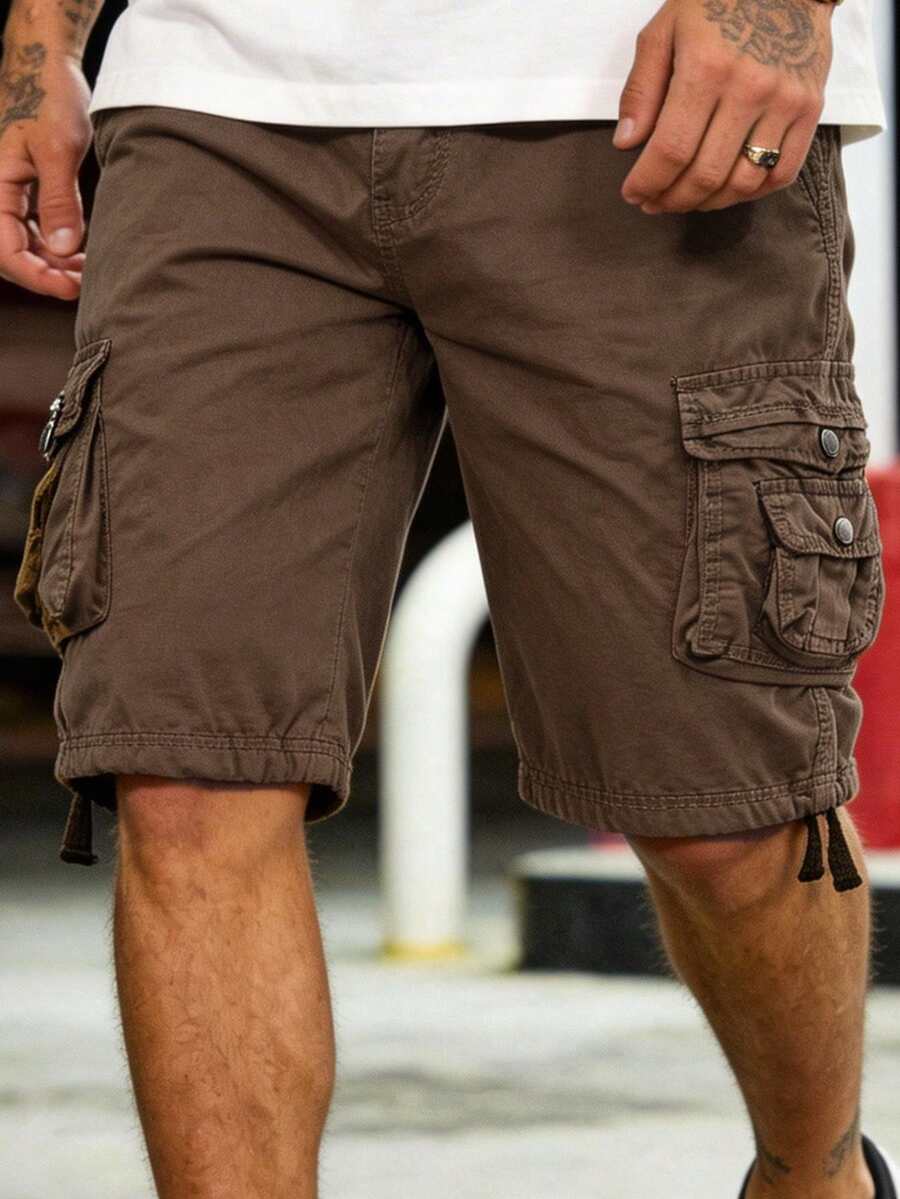 Men's Solid Color Cargo Shorts Cotton Washed Multi-Pocket Waist Lightweight Breathable For Daily Commute Outdoor Camping Beach Vacation - 咖啡棕 - 查看 1