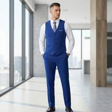 Conjunto de traje de 2 piezas azul real para hombre - chaleco y pantalones, unicolor elegante de corte slim, casual, de negocios, de boda, de fiesta, tallas XS-3XL - azul real - Ver 7