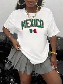 Letras MEXICO con la bandera mexicana que representa la identidad nacional y el orgullo patrio camiseta de mujer 100% algodón cómoda y fresca para usar a diario - Blanco - Ver 1