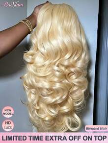 巴西原生蕾丝前假发，波浪卷发，13x4高清蕾丝前假发，200%密度，预先拔毛，带婴儿发，无胶假发，真人混纺假发，#613金色 - S613 - 查看 2