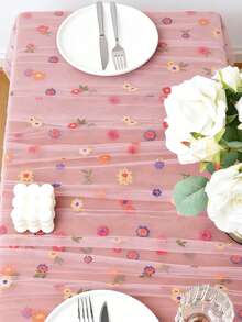 1Pc Pale Pink Embroidered Daisy Table Runner - A Floral-Themed, Sheer Tulle Runner Perfect For Mother's Day; The Ideal Choice For Festive Table Décor At Home Gatherings And Indoor Dining Areas. - 粉色 - 查看 4