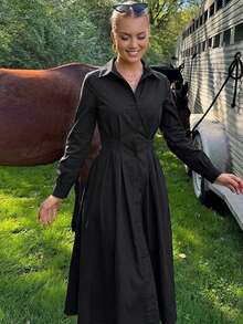 复古翻领单排扣收腰长款纯色连衣裙，女士，春季 - 黑色 - 查看 4