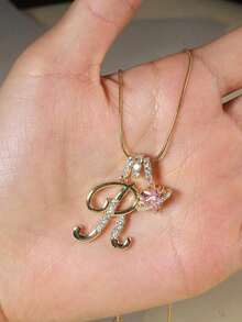 1pc Cubic Zirconia Heart-Shaped Necklace With 26 English Alphabet Design, Classic Vintage Pendant Necklace, Suitable For Daily Wear Or Gatherings, Perfect For Valentine's Day Gift - 金色 - 查看 6