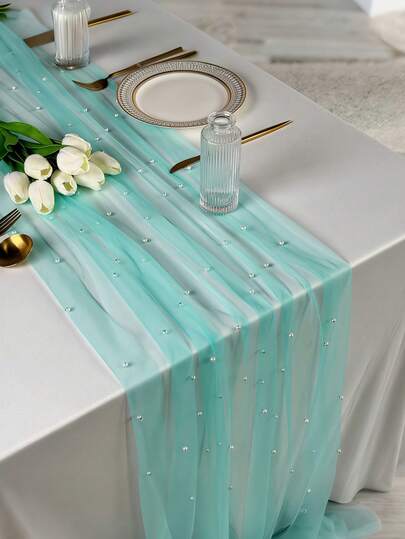 Pearl Organza Table Runner, Pearl Embellished Wedding Tablecloth, Soft Sheer Fabric (Customizable), Romantic Transparent Tablecloth, Suitable For Wedding Reception, Bridal Shower, Dessert Table, Pearl Organza Curtain, Pearl Decorated Bridal Veil Tablecloth, Wall Decor, Wedding Arch And Event Decoration (Light Blue)