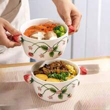 Bát sứ hai quai dễ thương in hình dâu tây, họa tiết hoa sáng tạo, thích hợp đựng salad, ngũ cốc, mì, dễ vệ sinh. - Nhiều màu - Xem 7