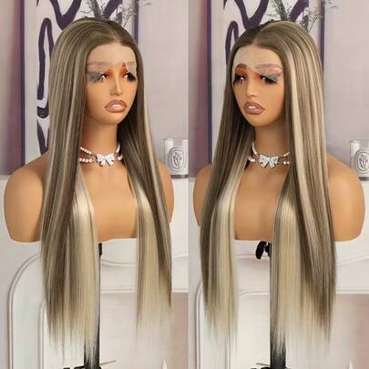 Tóc giả dài 28 inch, thẳng, màu nâu tro, kiểu ren phía trước dành cho nữ, ren tổng hợp không cần keo 13x4 HD, tóc vàng tự nhiên với độ dày 180% - Món quà Giáng sinh lý tưởng, tóc giả ren phía trước bằng chất liệu tổng hợp.