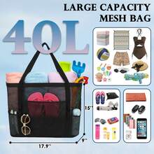 Bolsa de playa grande de malla con bolsillo con cremallera, esencial para viajes familiares, vacaciones y cruceros - Negro - Ver 2