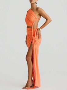 – Hot New Arrivals Women Summer Solid Patchwork Backless Side Slit Ruched Long Dress Bodycon Elegant Party Dress Prom - Đỏ - Xem 3