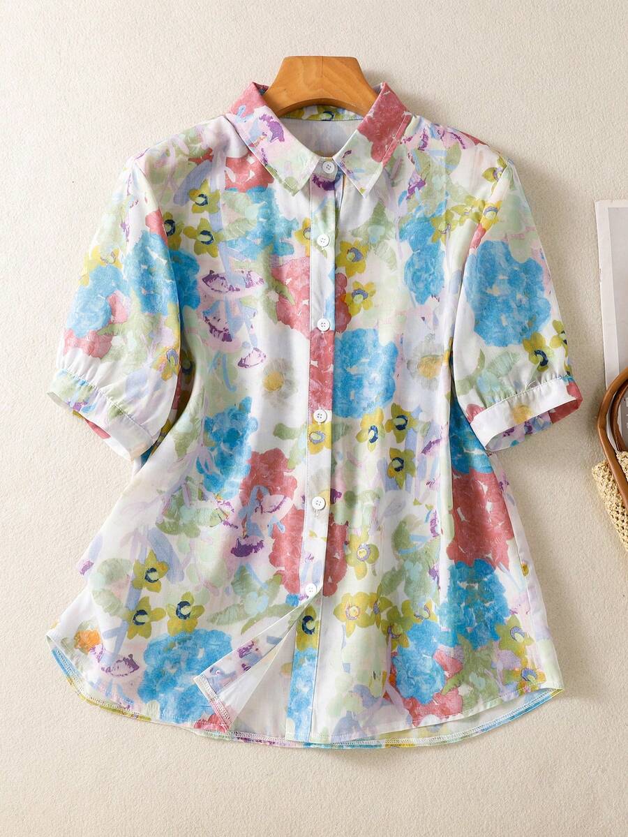 Women's Floral Print Loose Turndown Collar Button Shirt, Elegant Casual Short Sleeve Blouse, Suitable For Spring/Summer Office And Daily Wear Vacation - Green + Blue - View 1