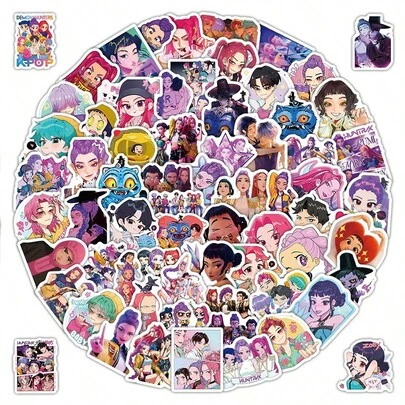 Hasbro 偶像团体主题贴纸套装，包含多张不重复的个性化装饰贴纸，高清印刷，色彩鲜艳，涵盖Q版人物、舞台服装和跨界元素，风格多样，充满应援氛围。自带背胶，可移除不留残胶，可重复使用。适用于装饰手账、行李箱、杯子、手机壳、笔记本电脑等，是粉丝应援、日常穿搭或学生DIY的理想之选，充满偶像氛围和纪念意义。