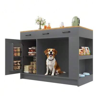 Kitchen Island, Cabinet With 3 Drawers, 1 Spice Rack, Adjustable Shelf, Double Shelf (Without Dog Food Bowl), Spacious Pet Storage Area (Without Dog Cushion), 120*60*90 Cm, Grey