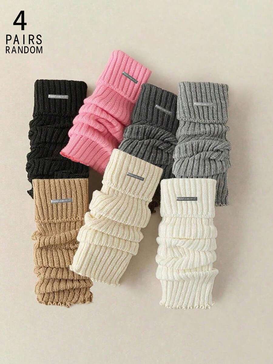 1/4 Pairs Random Color Solid Ribbed Knit Leg Warmers For Women, Suitable For Autumn/Winter, Color Randomly Assorted (No Metal Clips), Cozy - Multicolor - View 1