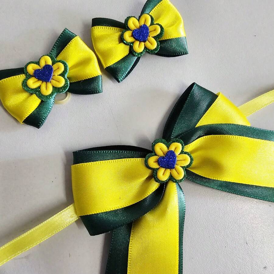 5 Sets Of Double Ribbon Neck Ties + 10 Pairs Of Women's World Cup Bows - 綠色和黃色 - 查看 1
