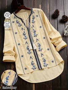 春夏新款刺绣系带流苏七分袖上衣，艺术复古波西米亚风百搭轻盈优雅上衣，适合情人节约会、下午茶聚会、乡村音乐节等场合。 - 薑色 - 查看 3