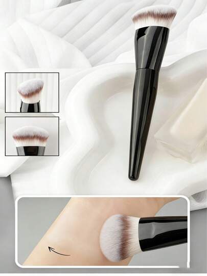1支专业粉底刷，扫帚头设计 - 尼龙刷毛，优质木柄，适用于粉底液和眼影修补，适合所有肤质