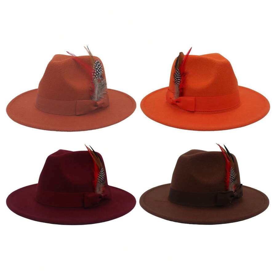 JEWELRYWE Elegant Wide-Brimmed Felt Hats For Men And Women: Soft Felt Hats With Feather Embellishments, Elegant Flat-Brimmed Fedoras - Suitable For Both Casual And Formal