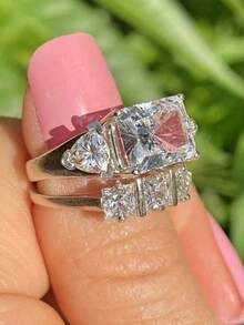 2pcs/Set Luxury White Gold Plated Women's Geometric Zirconia Elegant Fashion Wedding Rings, Valentine's Day Gift - Platinum - View 5