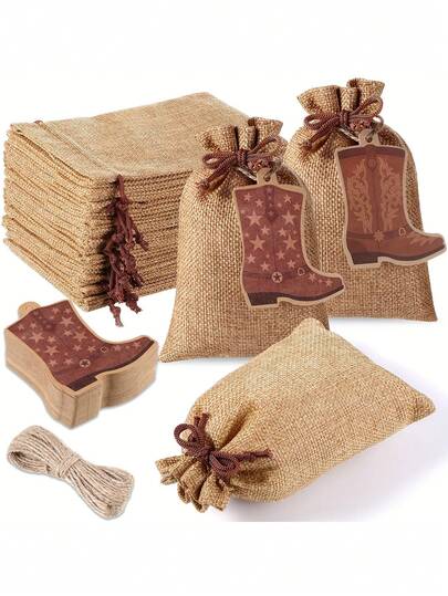 Set de 6 bolsas de yute con cordón y etiquetas con forma de bota, bolsas de favor estilo vaquero/vaquera, bolsas de yute reutilizables para suministros de fiesta de despedida de soltera o boda vaquera (marrón)