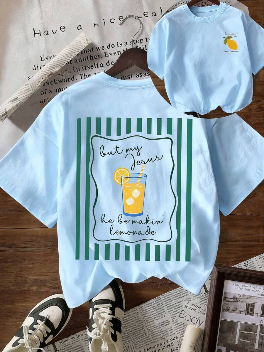 [100% Cotton] Jesus Lemonade Shirt, But My Jesus He Be Makin' Lemonade, Women Graphic Tee Unisex Plus Size Casual Summer Short Sleeve Daily T-Shirt - 藍色 - 查看 1