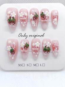 10Pcs Handmade Medium Almond Acrylic Press On Nails, Coquette French 3D Strawberry Fake Nails, Lace Bow Pearl Floral Nude Gradient Tips, Cottagecore Soft Girl Manicure For Bridal Vacation Daily Party Wear, Reusable Easy To Apply - Pink - View 1