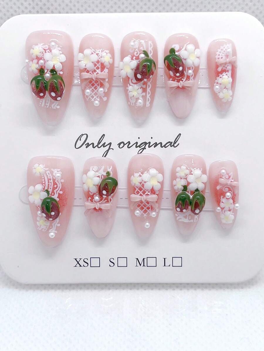 10Pcs Handmade Medium Almond Acrylic Press On Nails, Coquette French 3D Strawberry Fake Nails, Lace Bow Pearl Floral Nude Gradient Tips, Cottagecore Soft Girl Manicure For Bridal Vacation Daily Party Wear, Reusable Easy To Apply - Pink - View 1