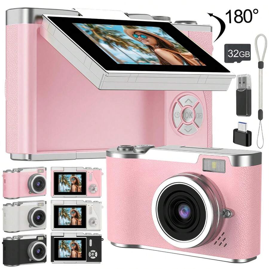 ¡Pantalla plegable para estudiantes! Cámara retro CCD + HD 720P/1080P, incluye tarjeta de 32G, lector de tarjetas, adaptador - Multicolor - Ver 1