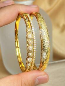 18K Gold Plated Anti-Fading Pave Zirconia Textured Bangle Bracelet Set For Women, Luxury Elegant Beaded & Hammered Cuff Bracelets - Multicolor - View 2