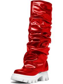 Women's Platform Round Toe Mid Calf Boots With Chunky Heel - Red - View 1
