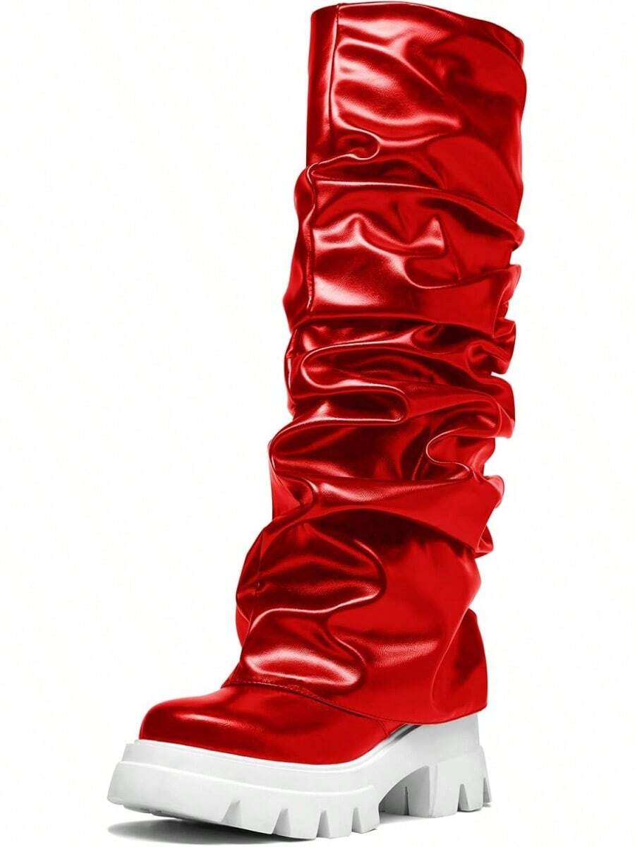 Women's Platform Round Toe Mid Calf Boots With Chunky Heel - Red - View 1