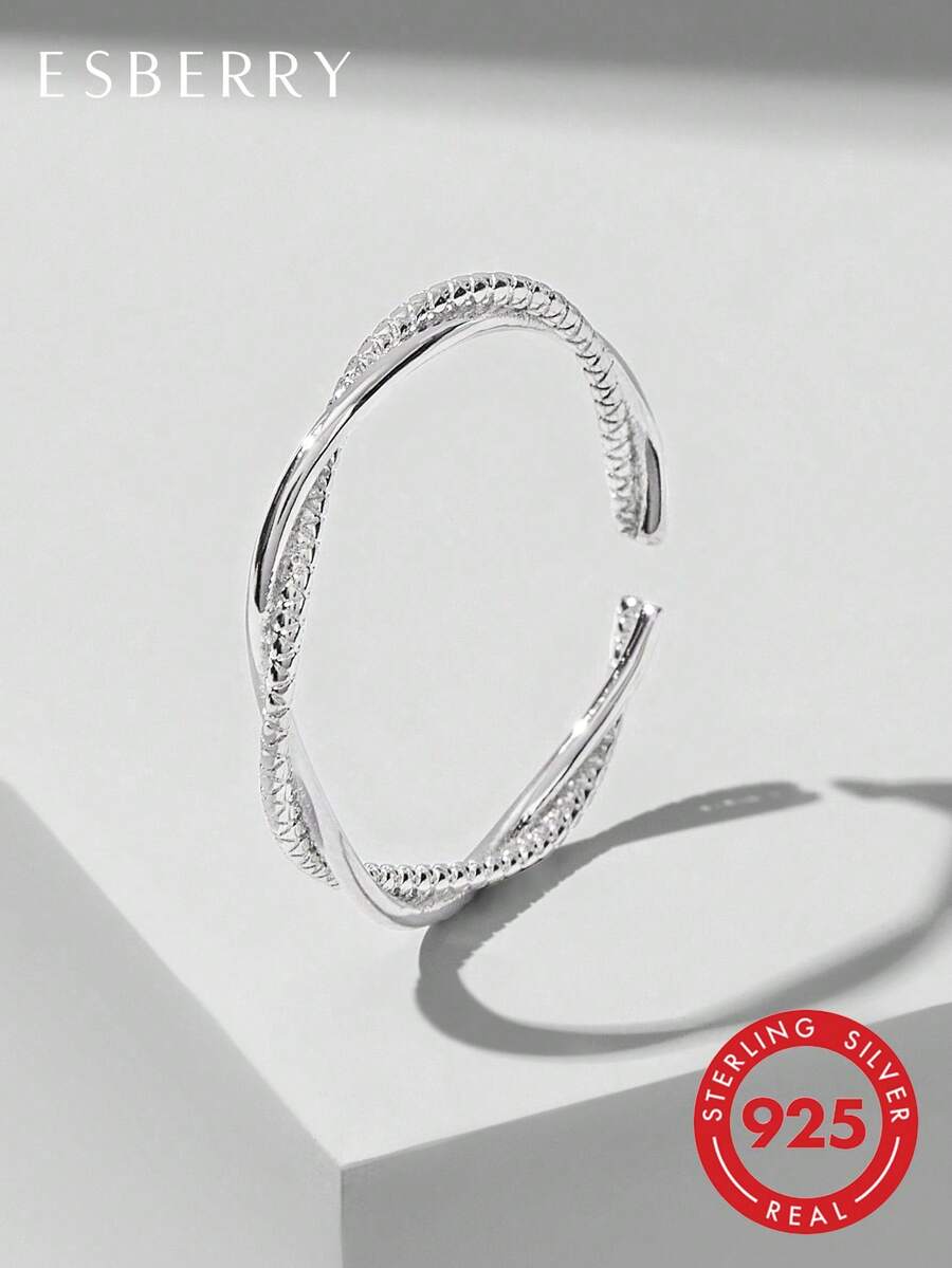 ESBERRY 1枚可调节双藤蔓设计戒指，S925纯银和铂金色，优雅珠宝，适合日常佩戴 - 銀色 - 查看 1