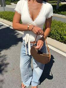 Women's Pure White Short Sleeve T-Shirt, Unique Design With Lace Trim V-Neck Cardigan - White - View 7