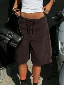 Bermuda Cargo Shorts For Women Casual Elastic Drawstring Knee Length Shorts Casual Loose SweatShorts Multi Pocket Relaxed Fit - màu nâu sô cô la - Xem 3