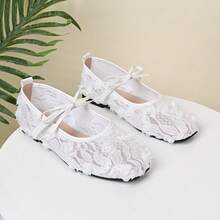 大码女式宽楦平底芭蕾鞋，蝴蝶结装饰，花卉刺绣透气镂空网面夏季凉鞋，方头宽楦玛丽珍鞋，适合户外、度假、派对搭配连衣裙 - 白色 - 查看 14