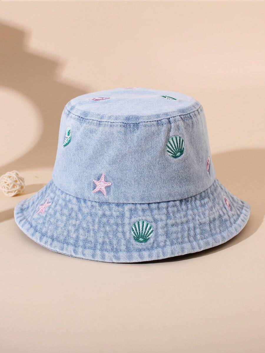 1 pieza Sombrero de cubo casual con patrón bordado y desgastado para protección solar para niños, adecuado para actividades al aire libre y uso diario