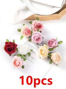 10朵仿真玫瑰花头，情人节新年装饰DIY，伴娘新娘捧花，丝绸秋季母亲节花瓶家居装饰，户外花园婚礼花环，客厅DIY糖果盒，仿真植物家居用品 - 彩色 - 查看 10