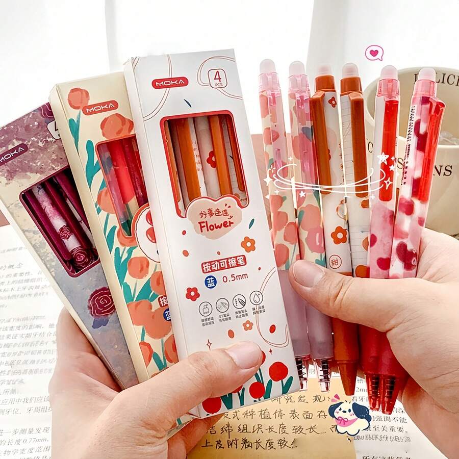 4件組花卉圖案凝膠筆套裝 | 標記筆、書寫、會議記錄、可伸縮凝膠筆、可擦拭凝膠筆、學校用品、返校用品、辦公用品、日常必需品、生日與節日禮物、返校 - 套裝 - 查看 1