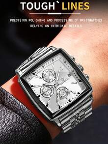 BINBOND Square Design Men's Quartz Watch, Luxury Multifunctional Chronograph Dial, Stainless Steel Waterproof Business Gift Watch For Men - Black and White - View 6