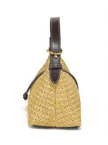 1pc New Solid Color Handbag For Women, Casual Beach Resort Woven Straw Bag, Suitable For Beach Vacation And Travel - Beige - View 8