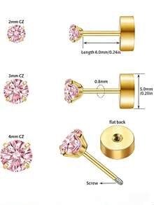手工制作小巧平底耳钉：3对18K镀金螺丝耳钉，平底设计，尺寸分别为2、3、4毫米，镶嵌方形锆石水晶，穿孔耳骨饰品，女士螺旋耳钉，情人节、母亲节、毕业季和圣诞节礼物 - 粉色 - 查看 4