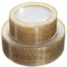 1 chiếc đĩa phục vụ cao cấp kiểu Châu Âu, trong suốt, viền vàng kép, bộ đồ ăn trang nhã cho tiệc cưới, sinh nhật, tiệc trà chiều, họp mặt gia đình, tiệc buffet khách sạn, lễ kỷ niệm, bộ đồ ăn có thể tái sử dụng. - Trong sáng - Xem 2